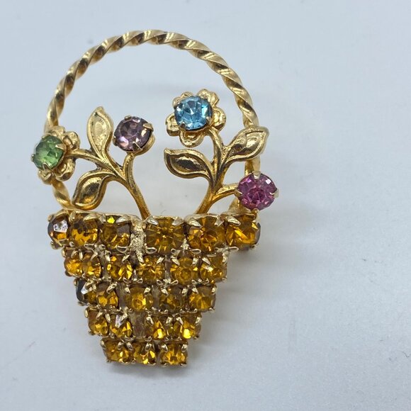 Vtg Gold Tone Rhinestone Floral Basket Brooch Pin Multicolor 1 Piece UV Reactive - Picture 4 of 10